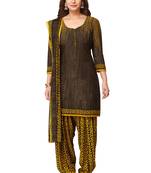 Salwar Studio Women's Brown & Yellow Synthetic Printed Unstitch Dress Material with Dupatta