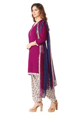 Salwar Studio Women's Wine & White Synthetic Printed Unstitch Dress Material with Dupatta 3