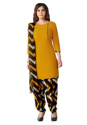 Salwar Studio Women's Mustard & Black Synthetic Printed Unstitch Dress Material with Dupatta 1