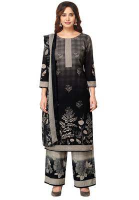 Salwar Studio Women's Black & Beieg Synthetic Printed Unstitch Dress Material with Dupatta 1