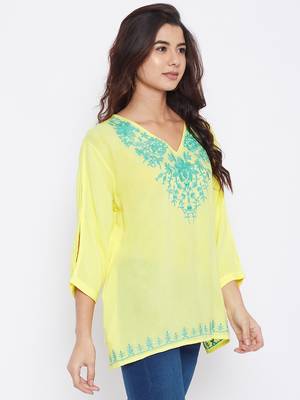 Yellow plain rayon kurtas-and-kurtis 3