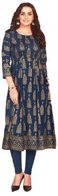 MAHATI teal Gold foil printed silk ethnic-kurtis 1