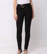 Women Black Stripes Slim Fit Tregging By Sheczzar