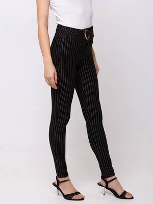 Women Black Stripes Slim Fit Tregging By Sheczzar 2