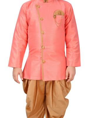 Pink plain
 silk blend boys-sherwani 5