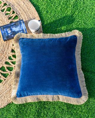 BLUE DECORATIVE VELVET CUSHION COVER with LACE 1
