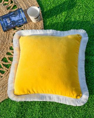 YELLOW DECORATIVE VELVET CUSHION COVER with LACE 1