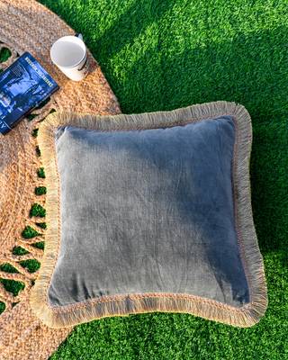GREY DECORATIVE VELVET CUSHION COVER with LACE 1