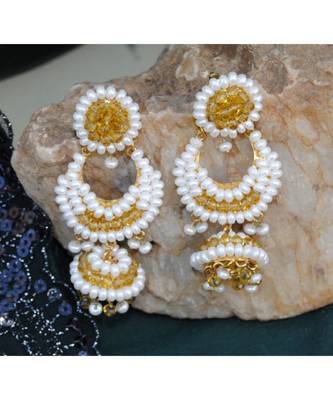 Yellow Crystal Pearl Jhumka Earrings 1