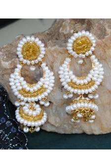 Yellow Crystal Pearl Jhumka Earrings