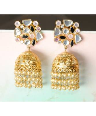 Gold Jhumka Earrings studded with Uncut Diamonds and Dangling Pearl Strings 1