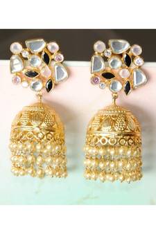 Gold Jhumka Earrings studded with Uncut Diamonds and Dangling Pearl Strings