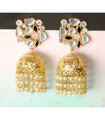 Gold Jhumka Earrings studded with Uncut Diamonds and Dangling Pearl Strings