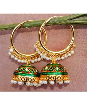 Colorful Green Gold Bali Meenakari Jhumka Earrings 1