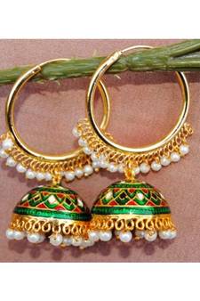 Colorful Green Gold Bali Meenakari Jhumka Earrings