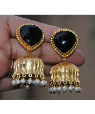 Black Melanite Garnet Heart 18K Gold Plated Jhumka Earrings 1
