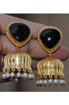 Black Melanite Garnet Heart 18K Gold Plated Jhumka Earrings