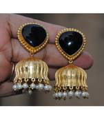 Black Melanite Garnet Heart 18K Gold Plated Jhumka Earrings