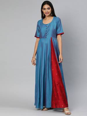 Blue printed cotton long-dresses 1