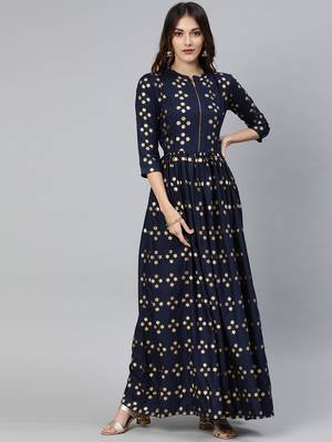 Navy-blue printed viscose rayon long-dresses 1