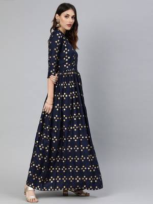 Navy-blue printed viscose rayon long-dresses 2