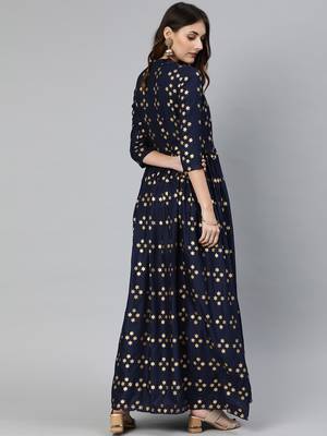 Navy-blue printed viscose rayon long-dresses 3