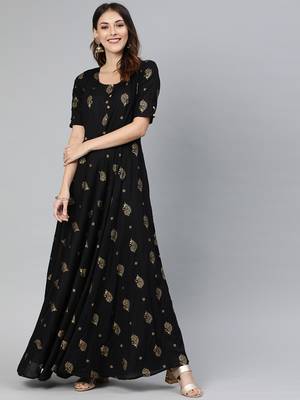 Black printed viscose rayon long-dresses 1