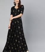 Black printed viscose rayon long-dresses