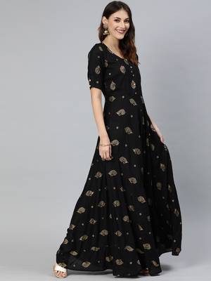 Black printed viscose rayon long-dresses 2