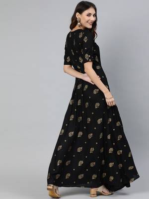 Black printed viscose rayon long-dresses 3