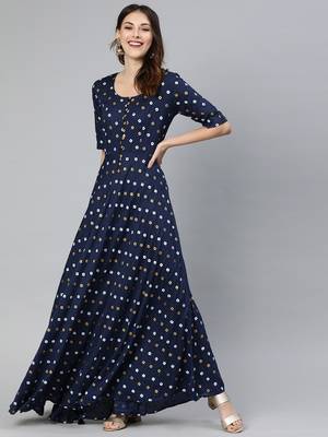 Blue printed viscose rayon long-dresses 1