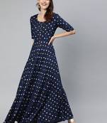 Blue printed viscose rayon long-dresses