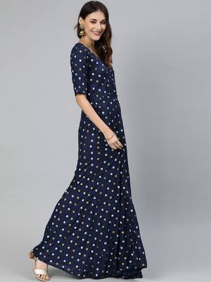 Blue printed viscose rayon long-dresses 2