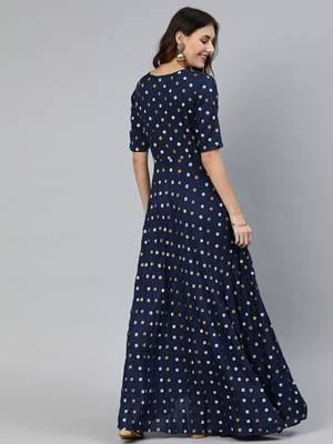 Blue printed viscose rayon long-dresses 3