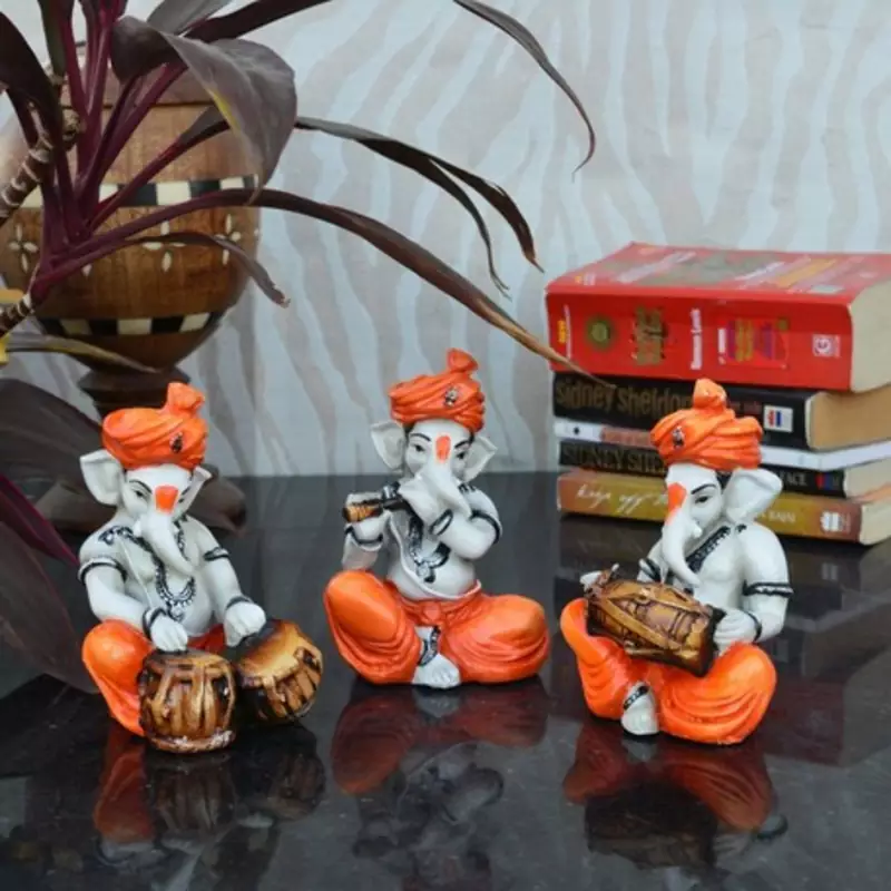Set of 3 Ganesha Playing Tabla, Flute and Dholak