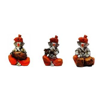 Set of 3 Ganesha Playing Tabla, Flute and Dholak 2