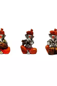 Set of 3 Ganesha Playing Tabla, Flute and Dholak
