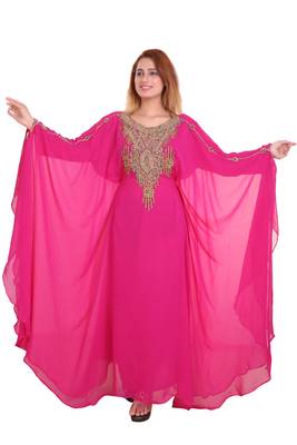Rani Pink Zari Stone Work Georgette Islamic Style Beads Embedded Partywear Kaftan Long Gown Evening wear Dubai kaftan 1