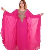 Rani Pink Zari Stone Work Georgette Islamic Style Beads Embedded Partywear Kaftan Long Gown Evening wear Dubai kaftan