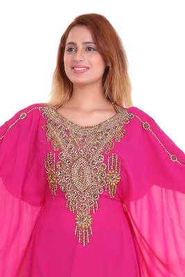 Rani Pink Zari Stone Work Georgette Islamic Style Beads Embedded Partywear Kaftan Long Gown Evening wear Dubai kaftan 2