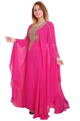 Rani Pink Zari Stone Work Georgette Islamic Style Beads Embedded Partywear Kaftan Long Gown Evening wear Dubai kaftan 3