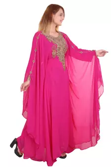 Rani Pink Zari Stone Work Georgette Islamic Style Beads Embedded Partywear Kaftan Long Gown Evening wear Dubai kaftan