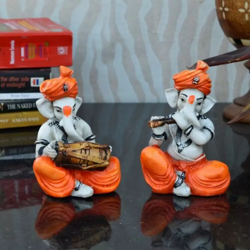Set of 2 Ganesha Playing Dholak and Flute