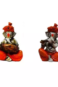 Set of 2 Ganesha Playing Dholak and Flute