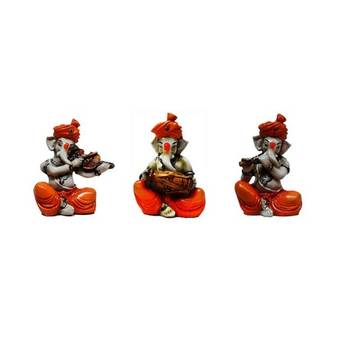 Set of 3 Ganesha Playing Violen, Dholak, and Flute 3