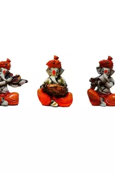 Set of 3 Ganesha Playing Violen, Dholak, and Flute