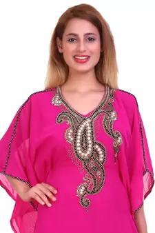 Rani Pink Zari Stone Work Georgette Islamic Style Beads Embedded Partywear Kaftan Long Gown Evening wear Dubai kaftan