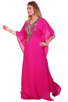 Rani Pink Zari Stone Work Georgette Islamic Style Beads Embedded Partywear Kaftan Long Gown Evening wear Dubai kaftan 3