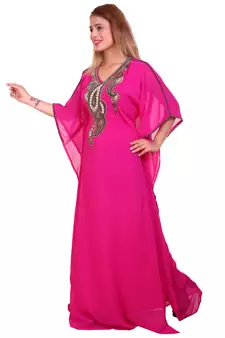 Rani Pink Zari Stone Work Georgette Islamic Style Beads Embedded Partywear Kaftan Long Gown Evening wear Dubai kaftan