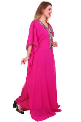 Rani Pink Zari Stone Work Georgette Islamic Style Beads Embedded Partywear Kaftan Long Gown Evening wear Dubai kaftan 4